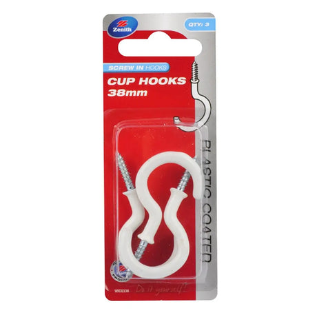 Pack of cup hooks with screws on a red and silver packaging