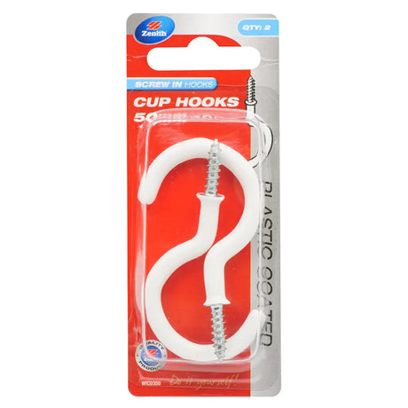 Packaged cup hooks with a red and white label on a white background