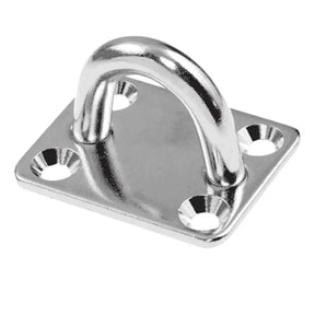 Metal clevis plate with a circular eyelet on a white background