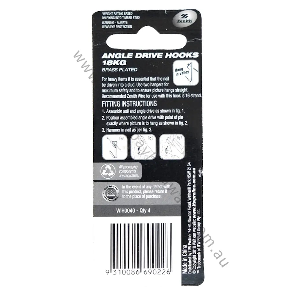 Packaging of angle drive hooks with fitting instructions and brand details.