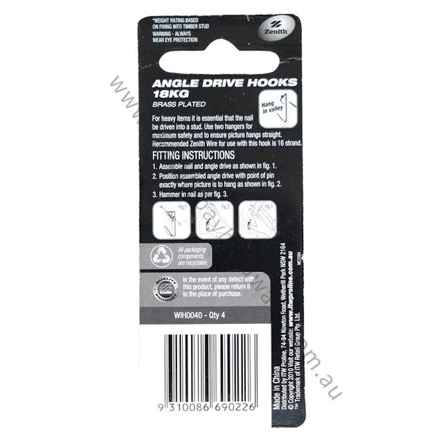 Packaging of angle drive hooks with fitting instructions and brand details.