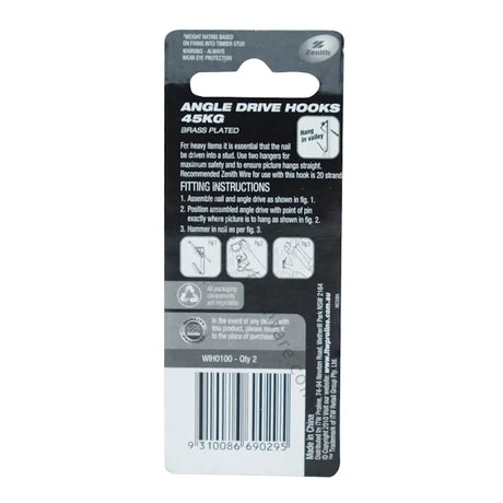Packaging of Angle Drive Hooks with text and graphics on a white background