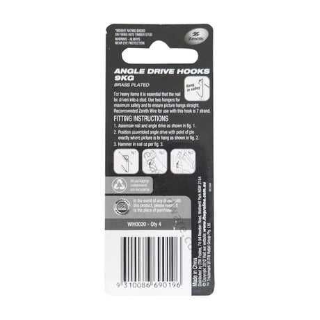 Packaging of angle drive hooks with fitting instructions on a white background