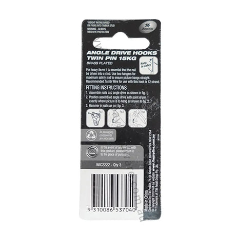 Packaging of angle drive hooks with text and graphics on a white background