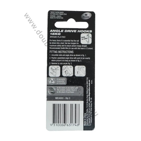 Back of packaging for Angle Drive Hooks with branding and text on a white background