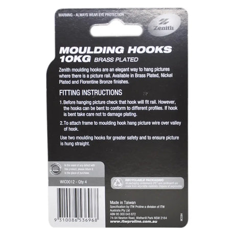 Packaging of Zenith moulding hooks with fitting instructions and product details.