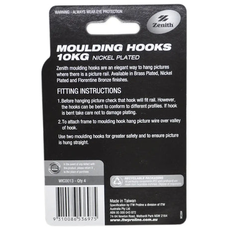 Packaging of Zenith moulding hooks with fitting instructions and product details.