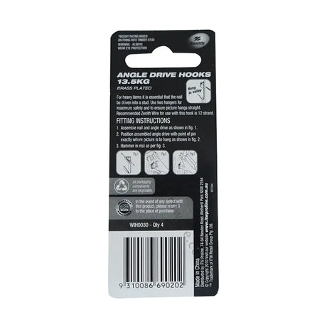 Packaging of angel drive hooks with fitting instructions on a white background