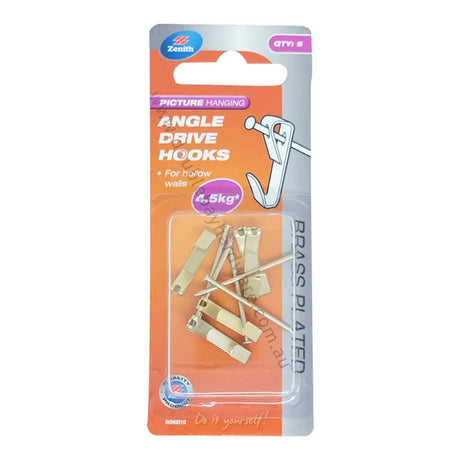 Packaging of angle drive hooks with brass plating on an orange background