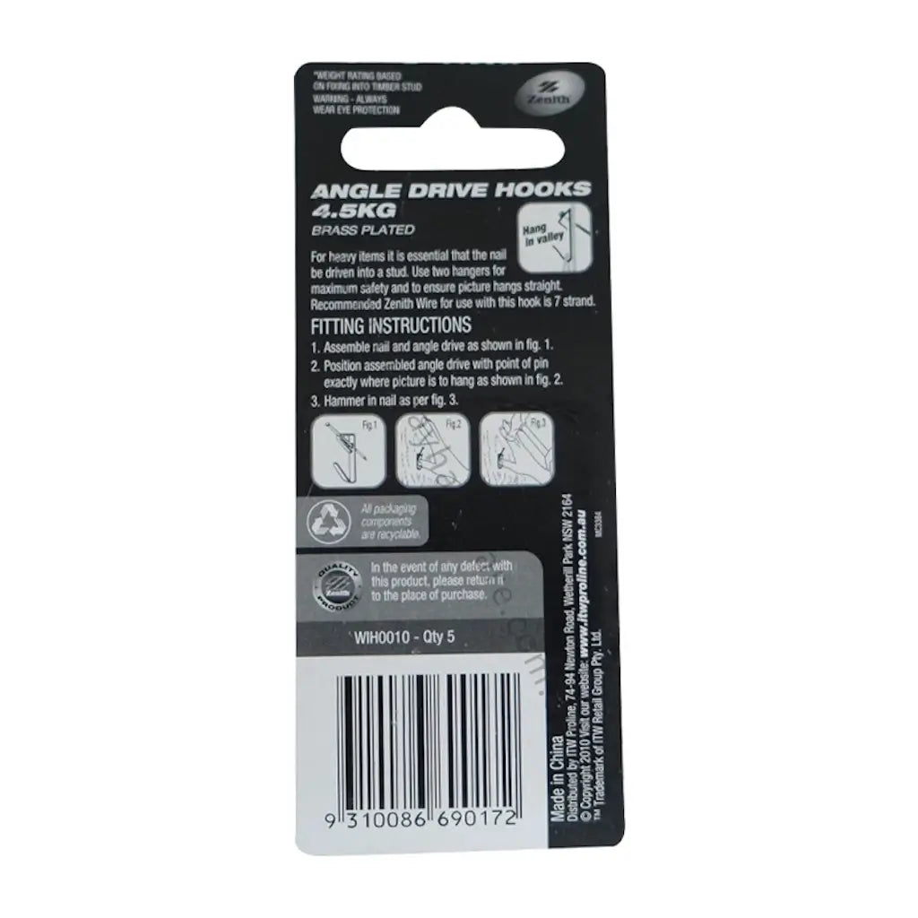Packaging of angle drive hooks with fitting instructions and product details on a white background