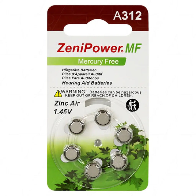 Pack of ZeniPower MF mercury-free hearing aid batteries on a white background