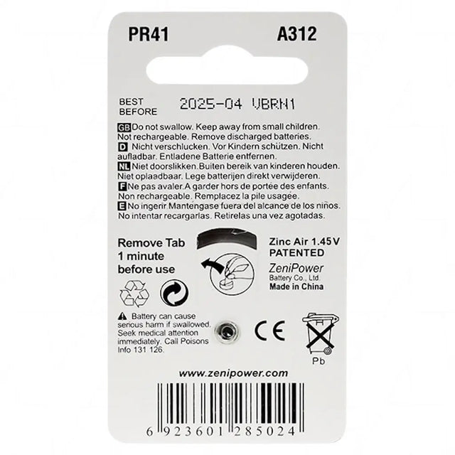 Zinc air battery with label and branding on a white background