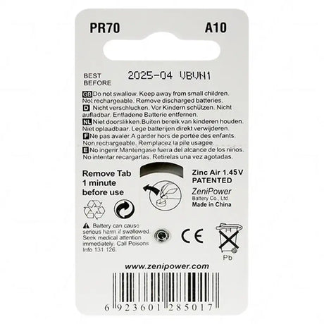 Zinc air battery with label and branding on a white background