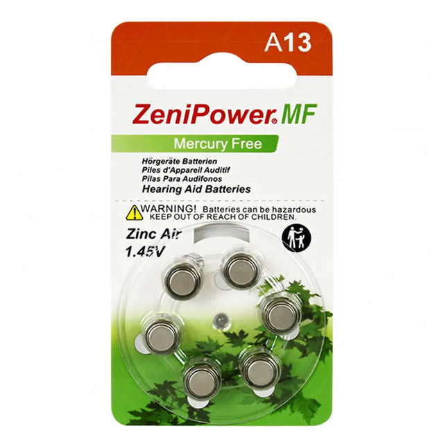 Pack of ZeniPower A13 hearing aid batteries with a green and white design.
