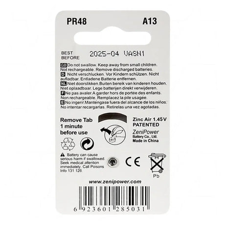 Back of a ZeniPower battery packaging with text and symbols.