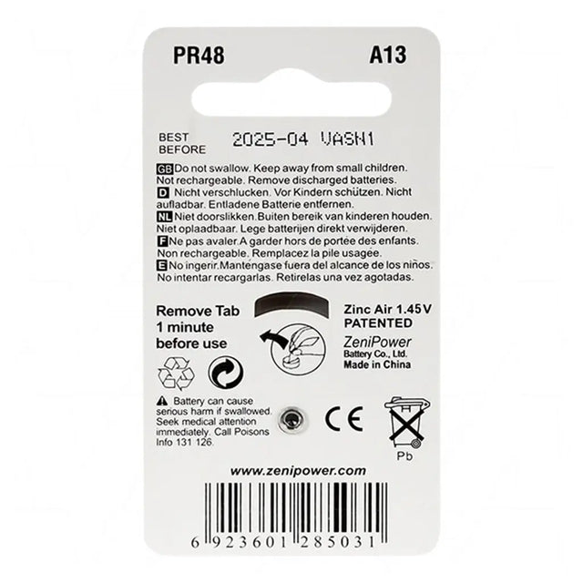 Back of a ZeniPower battery packaging with text and symbols.