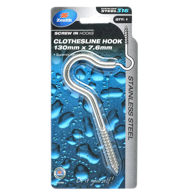 Clothesline hook in packaging with 'Zenith' branding on a blue water droplet background