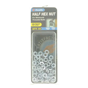 Pack of half hex nuts in packaging with Zenith branding on a white background