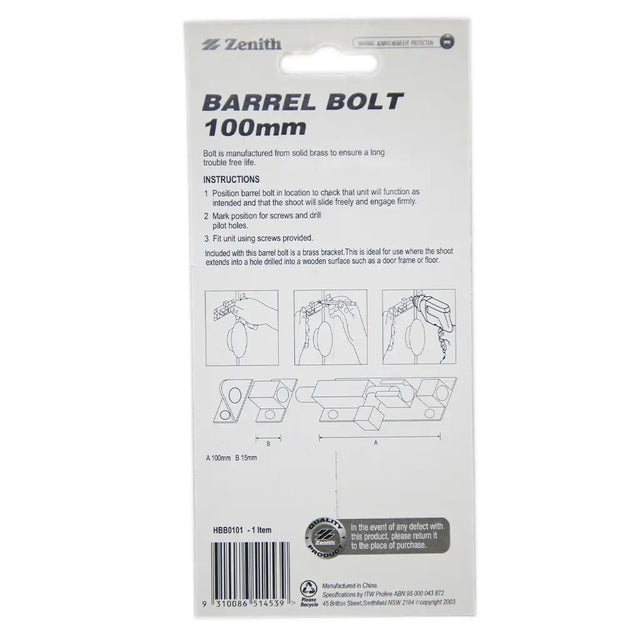 Package of Zenith Barrel Bolt 100mm with instructions and diagrams on a white background