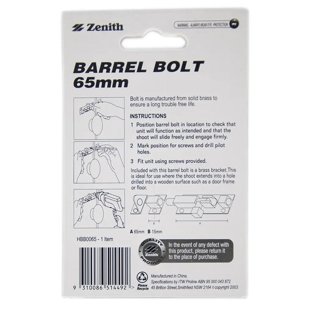 Zenith barrel bolt 65mm packaging with instructions and branding.