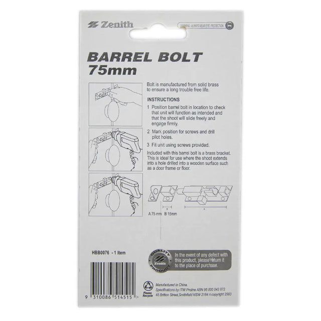 Package of Zenith Barrel Bolt 75mm with instructions and branding.