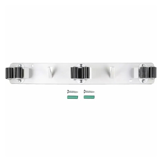 White wall-mounted coat rack with three hooks and two screws on a white background