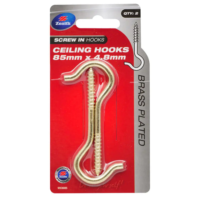 Packaged ceiling hooks with brass finish on a red and gray background