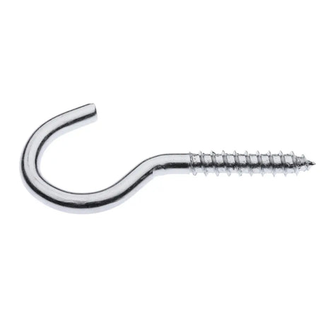 Chrome metal hook with screw on a white background