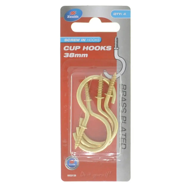 Pack of brass cup hooks with packaging on a white background