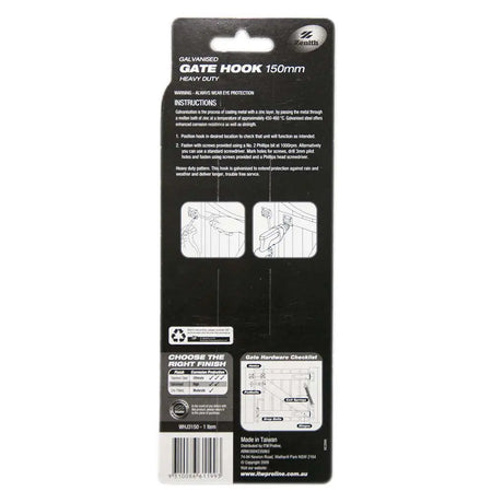 Back of a black packaging for a gate hook with text and graphics on a white background