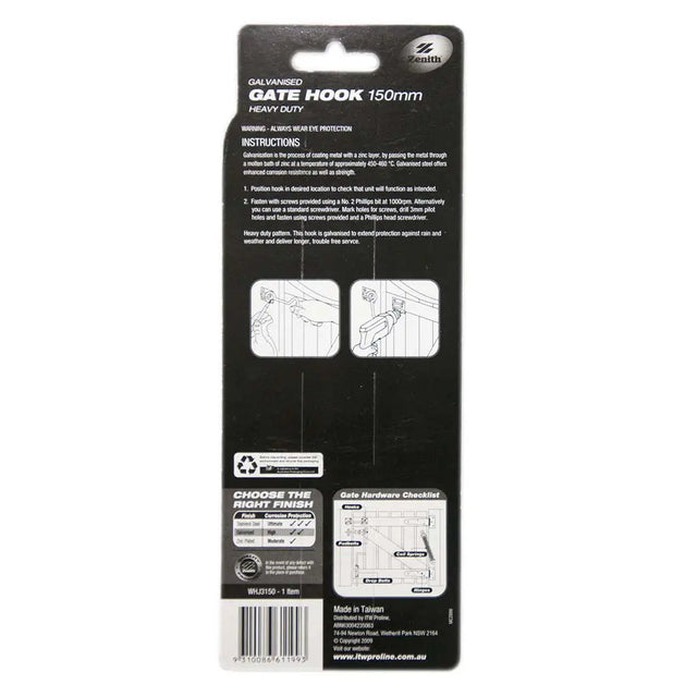 Back of a black packaging for a gate hook with text and graphics on a white background