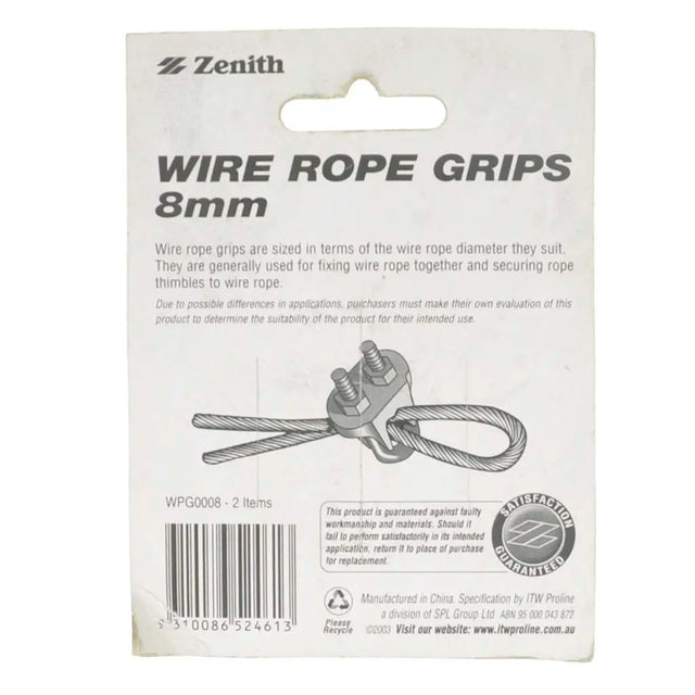 Packaging of Zenith wire rope grips with product details on a white background