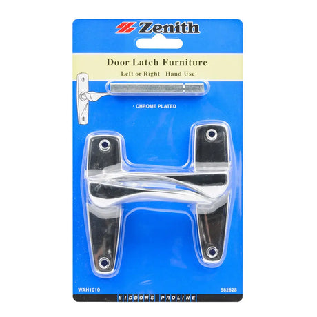 Zenith door latch furniture set in packaging with blue background