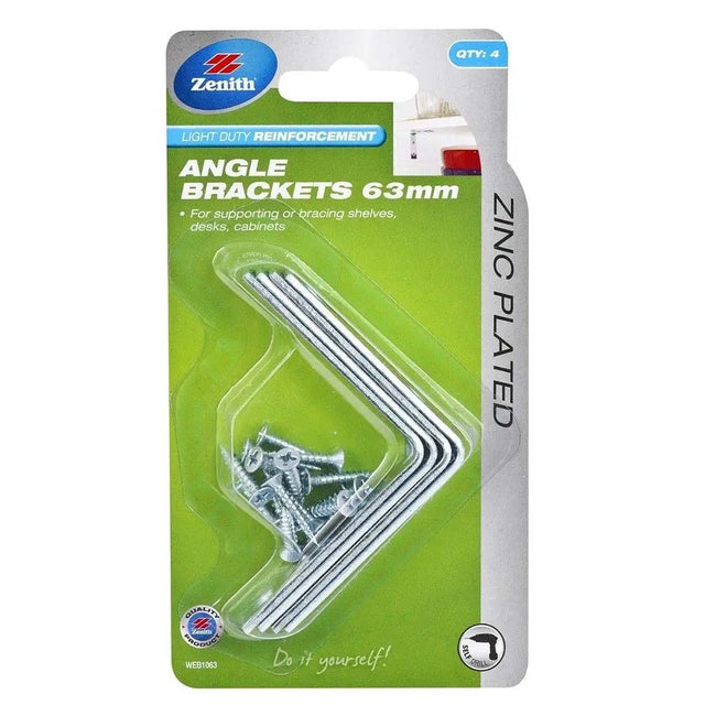 Packaged angle brackets with screws by Zenith on a white background