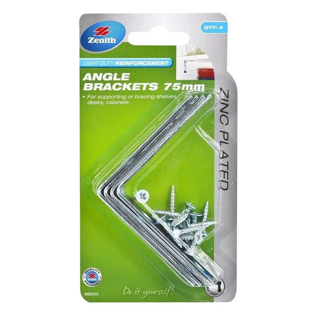 Packaged angle brackets with Zenith branding on a white background