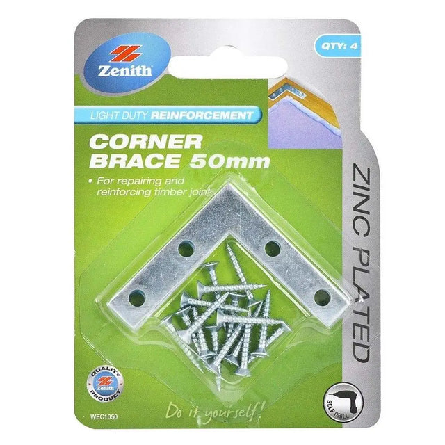Packaged corner brace with screws by Zenith on a green and gray background