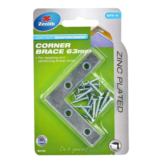 Packaged corner brace with screws by Zenith on a white background