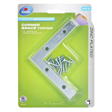 Zinc-plated corner brace with screws in packaging on a white background