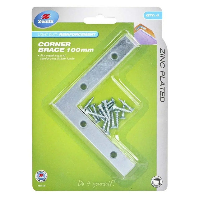 Zinc-plated corner brace with screws in packaging on a white background