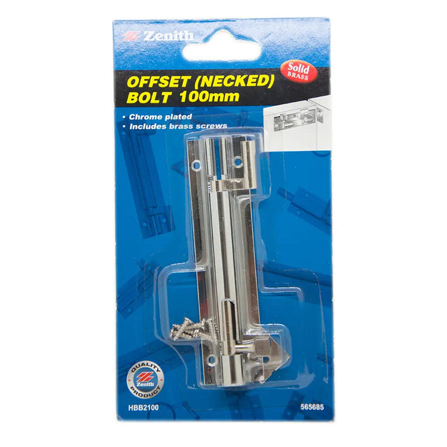 Packaged offset necked bolt with brass screws on a blue and white background
