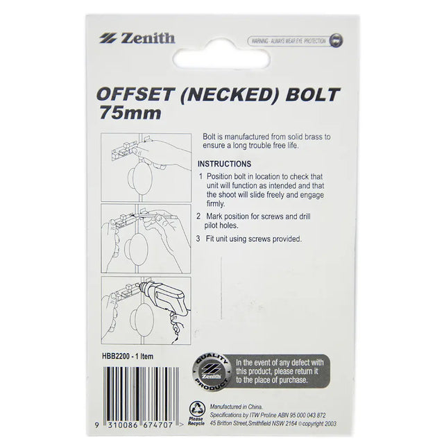 Zenith offset necked bolt packaging with instructions and branding.