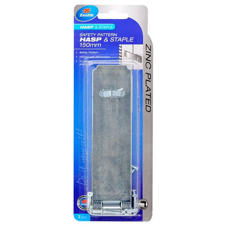 Packaged safety pattern hasp and staple with Zenith branding on a white background