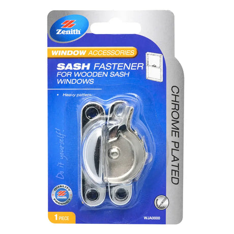 Zenith sash fastener for wooden sash windows in packaging on a white background
