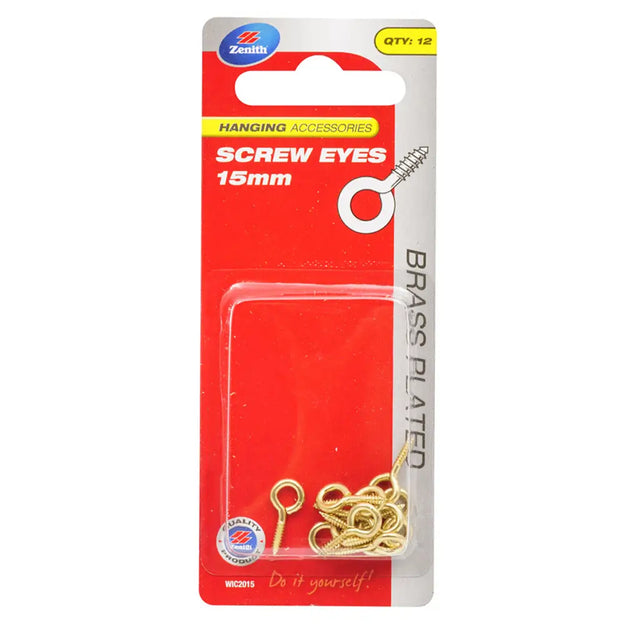 Packaging of brass-plated screw eyes with Zenith branding on a white background