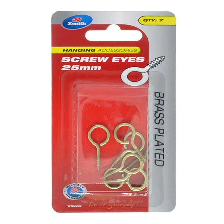 Pack of brass-plated screw eyes with Zenith branding on a white background