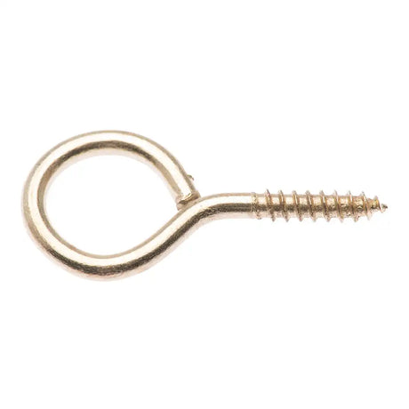 Gold eye hook with a screw on a white background
