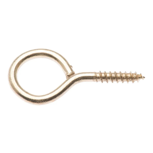 Gold eye hook with a screw on a white background