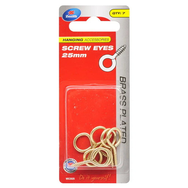 Packaged screw eyes with brass plating on a white background