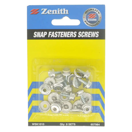 Pack of Zenith snap fasteners screws on a white background