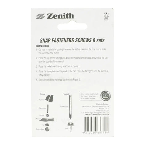 Zenith snap fasteners screws packaging with instructions and illustrations on a white background
